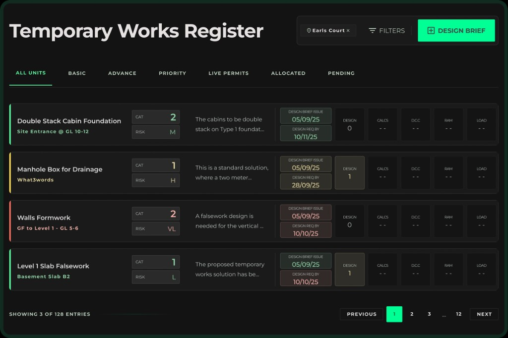 Temporary Works Portal register showing live units, filters and design brief status
